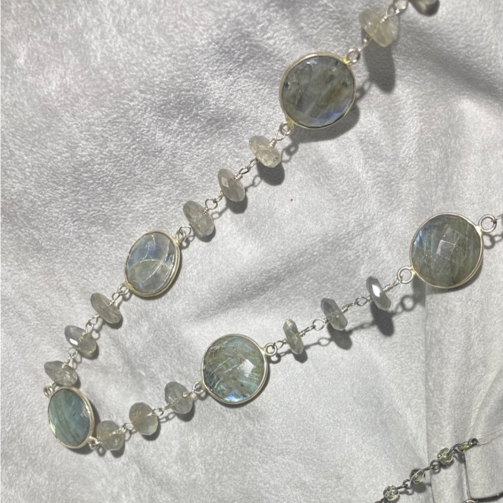 36” sterling handmade necklace with round and disk shaped faceted labradorite.